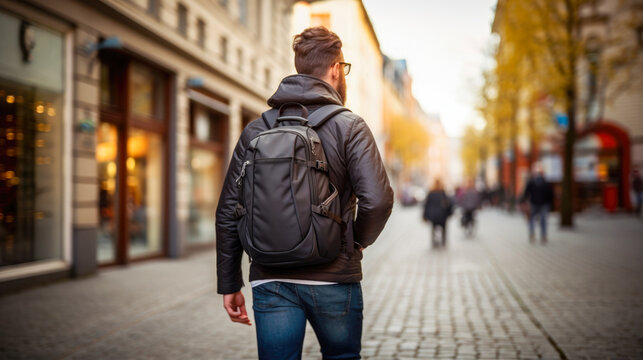 Male tourist with backpack in the city. Man traveler from back view.