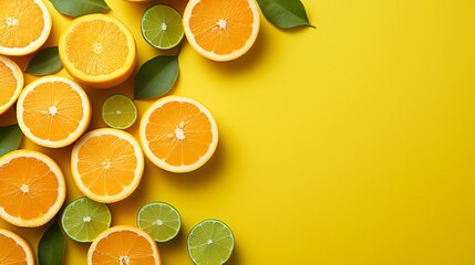 Overhead view of oranges, limes, and leaves scattered on yellow counter