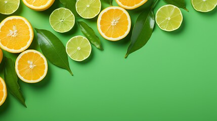 Overhead view of limes, oranges, and leaves on mint green background