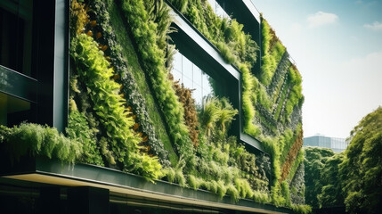 Modern gardening landscaping design details. Urban eco friendly vertical garden with greenery outdoors. Green living building wall with perennial plants