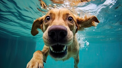 Funny underwater picture of puppies in swimming pool playing deep dive action training game with family pets and popular dog breeds during summer holidays. recreation, relax, generate by AI