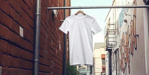 White T-Shirt Mockup on a Hanger in the City