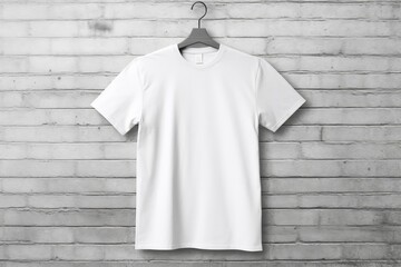 White t-shirt on hanger on brick wall background. Mockup for design