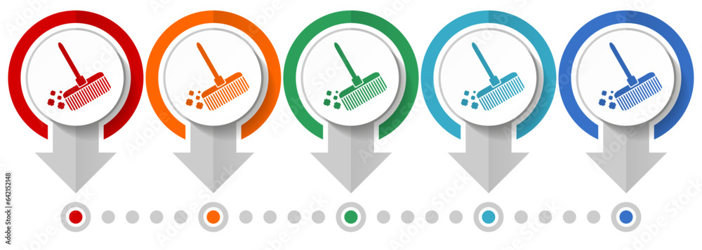 Fototapete broom, cleaning vector icon set, flat design infographic template, set pointer concept icons in 5 co