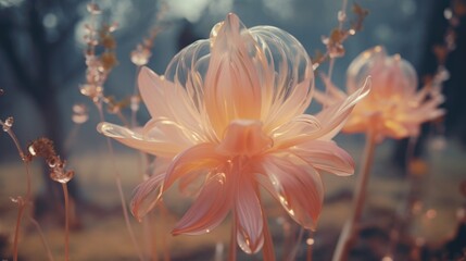Chilling beauty of surreal winter frost flowers, frozen crystal like petals, translucent reflection, enchanting fantasy florals - generative AI  