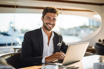 A businessman working on a laptop on the yacht.