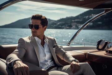 A businessman working on a laptop on the yacht.