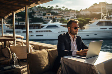 A businessman working on a laptop on the yacht. - Powered by Adobe