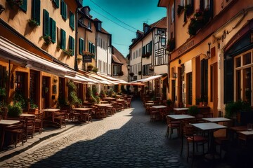 Fototapeta na wymiar Street in a historic European town, lined with charming cafes - AI Generative