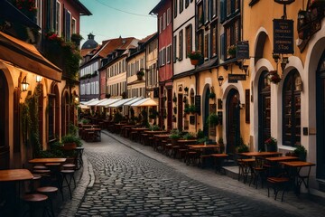 Street in a historic European town, lined with charming cafes - AI Generative