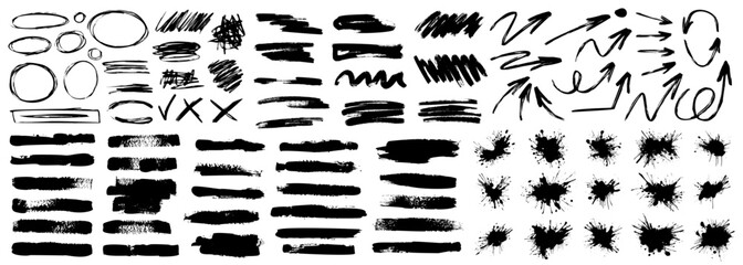 Grunge charcoal scribble stripes, emphasis arrows, handdrawn doodle bold shapes, paint brushstrokes, ink rough splash blobs. Chalk or marker doodles, urban freehand scratches. Vector Illustration