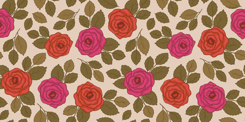 Seamless floral pattern with autumn roses in retro style, lineart.