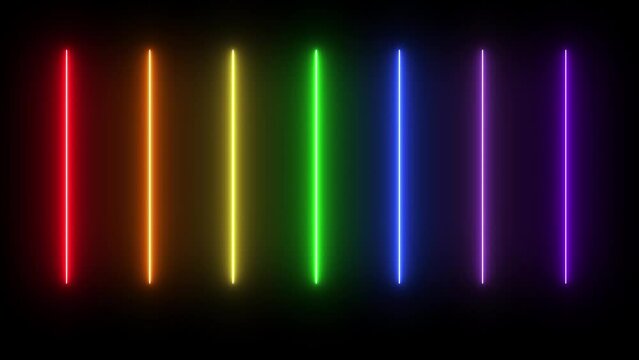 Vertical rainbow neon tube lights on a black background, vector illustration