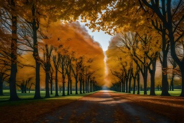 Tree-lined avenue with a canopy of colorful leaves overhead - AI Generative