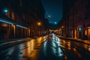 Urban street at night, illuminated by vibrant city lights - AI Generative