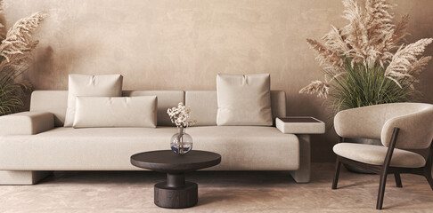 Japandi boho beige interior with lounge sofa and dry plant background. Light modern australian livingroom. 3d rendering. High quality 3d illustration