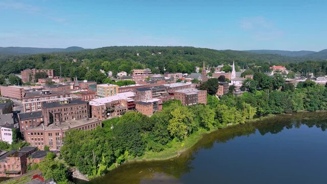 Flying over the Connecticut River along the waterfront of downtown Brattleboro, Vt.