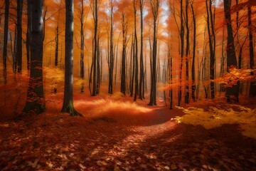 Fototapeta premium Vibrant and colorful autumn forest, with trees ablaze in shades of red, orange, and yellow - AI Generative
