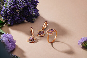 Elegant jewelry set. Jewellery set with gemstones. Jewelry accessories collage. Product still life...