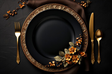 Golden cutlery on black background. Black empty ceramic plate with golden fork, spoon and knife....