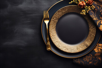 Golden cutlery on black background. Black empty ceramic plate with golden fork. Fashionable and...