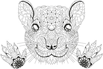 Zentangle stylized rat head with paws for coloring. Hand Drawn lace vector illustration