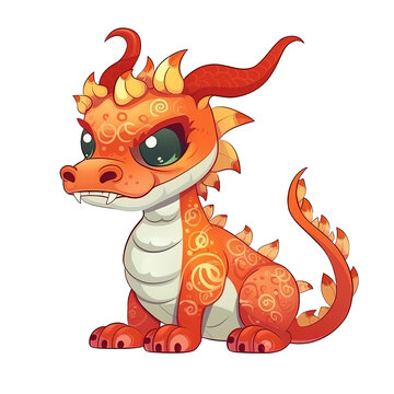 cute cartoon orange chinese dragon ,png on transparent background