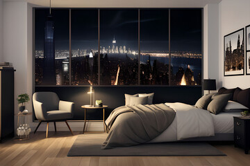 New York apartment bedroom at night with a city view. Dark fantasy
