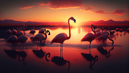 Flocks of flamingos in the sunrise, Ai generated image
