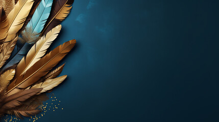 Golden and blue indigenous feather copy space background - obrazy, fototapety, plakaty