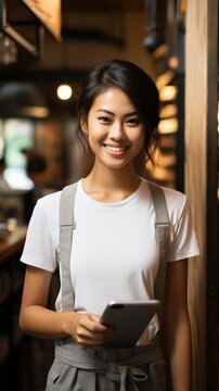Asian woman in profile greeting customers while holding a tablet in front of the cafe's entrance..