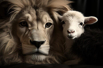 The Lion and the Lamb, Bible's description of the coming of Jesus Christ. AI-generated black and white image	
 - obrazy, fototapety, plakaty