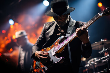 Obraz premium A rock band is performing on stage. Guitarist, bass guitar and drums. The guitarist is in the foreground. Close up