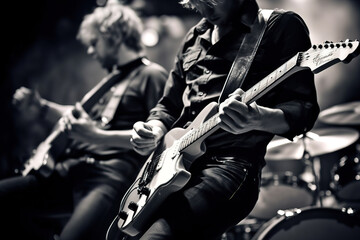 Rock and roll music background, guitar players on a stage, monochrome photo with selective focus - obrazy, fototapety, plakaty