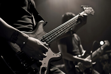 Obraz premium Rock and roll music background, guitar players on a stage, monochrome photo with selective focus
