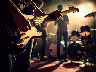 Obraz premium A rock band is performing on stage. Guitarist, bass guitar and drums. The guitarist is in the foreground. Close up