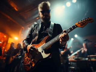 Obraz premium A rock band is performing on stage. Guitarist, bass guitar and drums. The guitarist is in the foreground. Close up