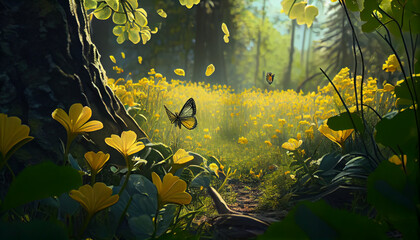 Fototapeta na wymiar Forest glade with lots of yellow summer flowers and butterflies on a sunny day, Ai generated image
