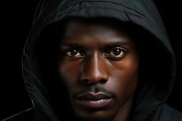 Close up dark photo of african american man staring. Male model high quality studio photo