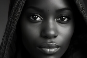 Close up black and white photo of african american woman staring. Female model high quality studio photo