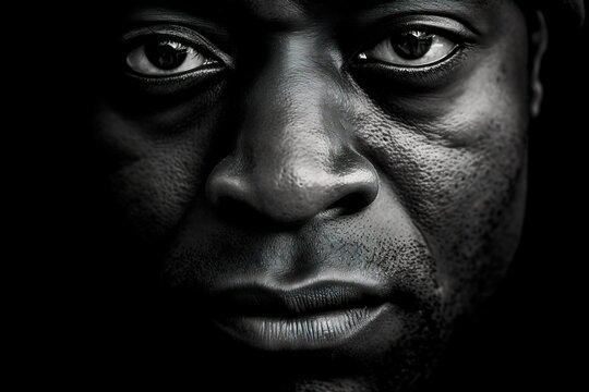Close up black and white photo of african american man staring. Male model high quality studio photo
