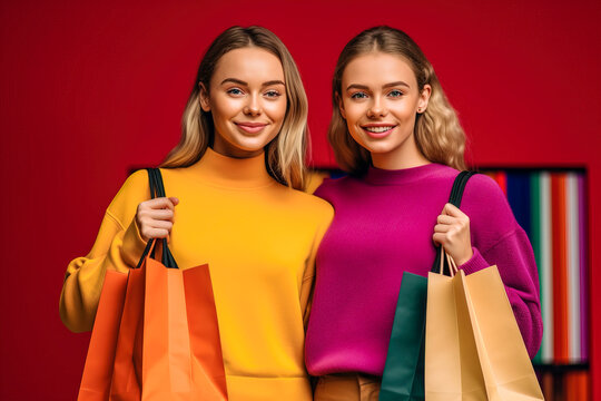 Portrait of two happy young women dressed in summer clothes holding shopping bags