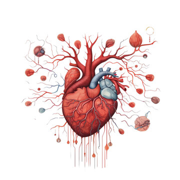 Isolated black illustration of blood flow in human heart and veins on poster transparent background