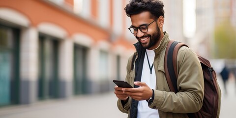 Indian Techie Charms the Street with Backpack and Phone, Generative AI