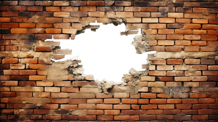 Rough old red brick wall with a large hole in the middle. Hole is transparent with no background. Concept of breaking through and revealing something, perhaps a sale or discount. - obrazy, fototapety, plakaty