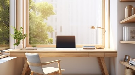 close up working desk with blank screen laptop on wooden table study room interior design template home interior background,ai generate