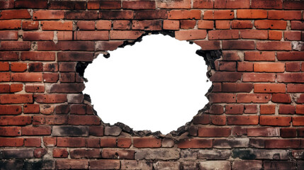Rough old red brick wall with a large hole in the middle. Hole is transparent with no background. Concept of breaking through and revealing something, perhaps a sale or discount.