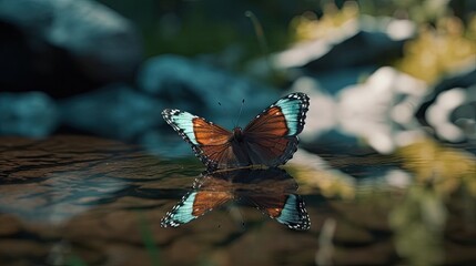 Fototapeta na wymiar Illustration of a butterfly splashed in river water