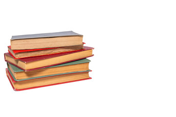 Old antique novels, color hardback books with white background, vintage books with isolated straw paper, stacked notebooks, concept, literature textbook photo idea.