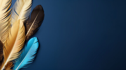 Golden and blue indigenous feather copy space background